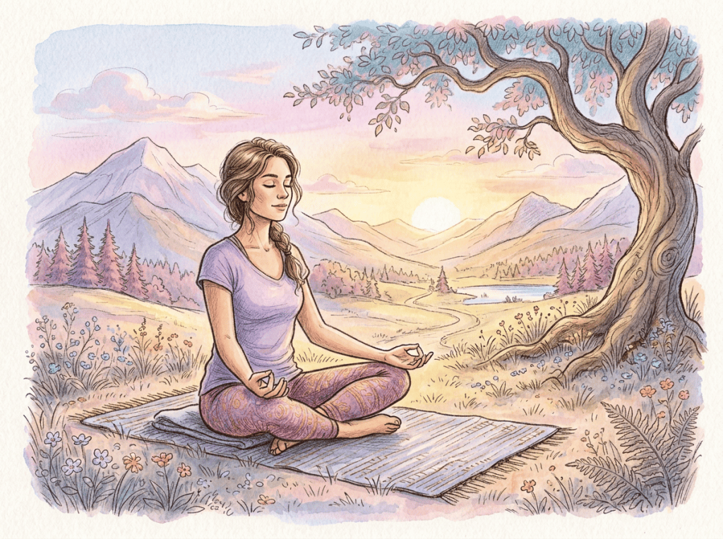 Woman meditating on a mat beneath a tree in a mountain meadow